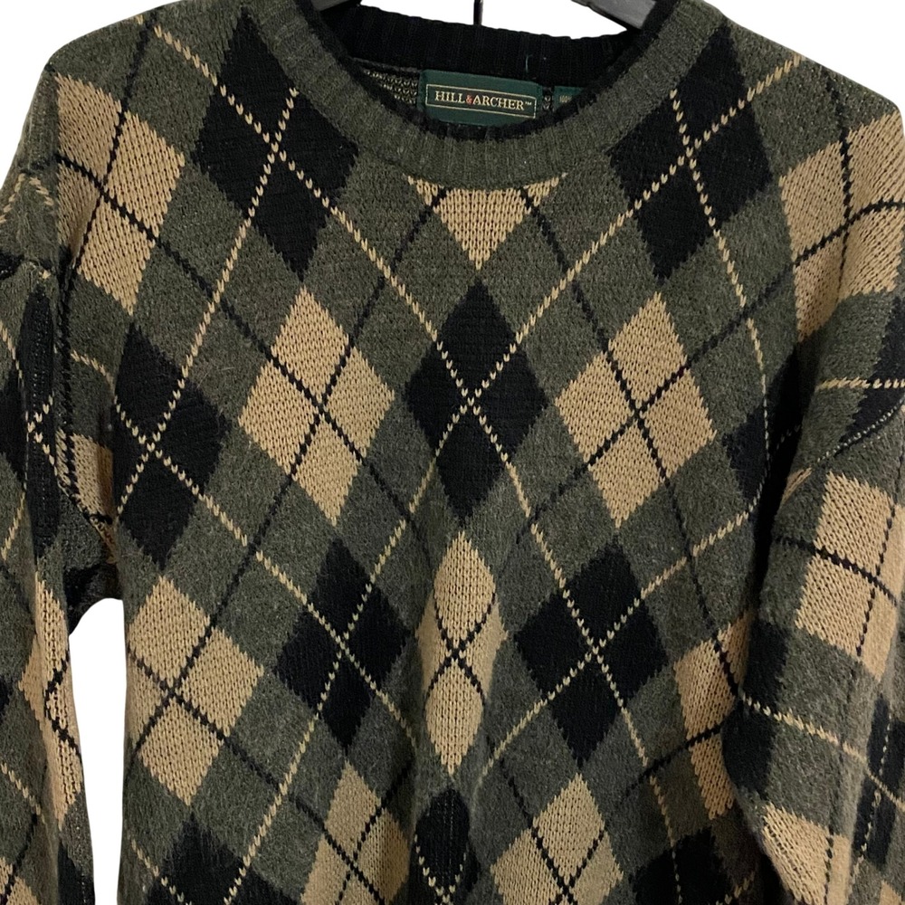 Hill & Archer Preppy Argyle Sweater Men L Green Tan Vintage Style Knit - Picture 3 of 6